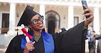 Graduation, diploma or woman on campus with selfie, college celebration or digital memory at event. Happy, success or student with photo, university milestone or social media post at degree ceremony
