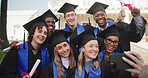 Happy, students and selfie on campus for graduation, degree celebration or online post with diploma. People, class and photo with scroll for ceremony memory, social media or cheering for PHD graduate