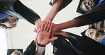 Happy, students and hand stack for graduation ceremony, degree completion or shared achievement. Below, people and celebration huddle on campus for graduate class, study success or college milestone
