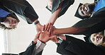 Happy, friends and hand stack for graduation pride, degree completion or diploma for qualification. Below, people and celebration in campus huddle for graduate class, college goals and certification