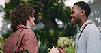 Handshake, friends and men at college campus for reunion, connection or walking to class together. Happy, talk and students with greeting outdoor for university education, learning and knowledge