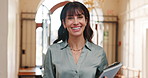 Face, professor and woman at college with smile, teaching experience and books for higher education. Happy, mature person and lecturer at university with expertise, knowledge or about us for faculty.