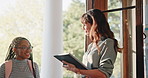 Professor, students and arrival at college with book, higher education and writing on class register. Happy, teacher and people enter lecture at university with morning, checklist and attendance.