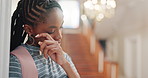 Education, woman and crying in college, thinking and student with academic pressure and overwhelmed. University, reflection and person with depression, knowledge and worry for scholarship or sadness