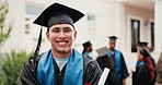 Face, man and graduate at campus with diploma, ceremony and achievement for degree completion. Portrait, male person and graduation outdoor with arms crossed, accolade victory and learning milestone