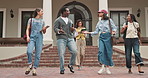 Professor, students and walk at college with discussion, higher education and lecturer with tablet. Happy, people and outdoor on campus with teacher, conversation and leave university after class.