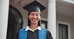 University, woman and student with face for graduation, award and milestone for education goals. Portrait, campus and person with ceremony, degree and success for achievement and college diploma