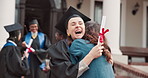 University, celebration and professor with students for graduation, hug and milestone for education goal. Happy, people and campus with ceremony, degree and success for achievement or college diploma