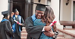 University, celebration and teacher with student for graduation, hug and milestone for education goal. Happy, people and campus with ceremony, degree and success for achievement or college diploma