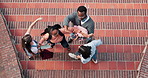 People, student and fight with bully in university for disagreement, argument or public conflict. Top view, academic learners or broken friendship with dispute, rumor or social tension on campus