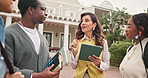 Talking, university and teacher with students on tablet for assignment update, education and course. College, lecturer and learners listening for exam tips, advice and help for studying on campus
