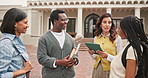 College students, education and talking to lecturer outdoor for exam tips, study advice or smile. University, happy people and speaking to teacher at campus for learning, help or guidance with tablet