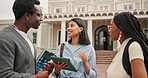 Talking, college and students on tablet outdoor for group assignment, education or research project. Happy, university and people on tech for studying, learning together and conversation on campus