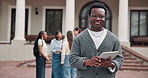 Face, college student and happy man with tablet for education, future scholarship and laughing. Outdoor, smile or person at university with tech for academic opportunity, youth development and funny
