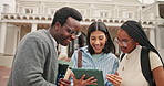 Happy, college and students on tablet outdoor for results, grades and feedback for group project. Online, university and people on tech with good news for studying, education and learning on campus