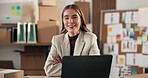 Logistics, face and happy woman with laptop in small business, arms crossed and online sales on web. Startup, portrait and person with smile, confident and inventory management for ecommerce order