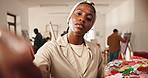 Face, woman and artist painting with palette, drawing and creative lesson for gallery showcase. Portrait, person and pov in workshop with brush, practice technique and artwork sketch for masterpiece
