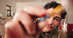 Face, man and painting in class with paintbrush, drawing and creative lesson for gallery showcase. Portrait, person and art in workshop with pov, practice technique and artwork sketch for masterpiece