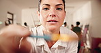 Face, woman and painting in class with brush, drawing and creative lesson for gallery showcase. Portrait, person and artist in workshop with pov, practice technique and artwork sketch for masterpiece