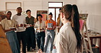 Painting, mentor or college students in class with lesson, learning or skill growth with art course. Guidance, people or instructor with teaching, artistic tips or creative development in university.