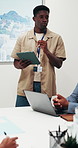 Man, meeting and tablet with team in conference for business success, pitch or presentation. Male person, speaker or group clapping with applause or discussion for good job, staff seminar or workshop