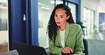 Businesswoman, reading and laptop in office with tablet, check stock market and investment decision. Person, typing and investor in workplace with tech, online trading and planning with research.