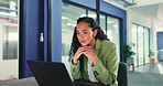 Businesswoman, thinking and laptop in office with tablet, data collection and analysis for revenue. Analyst, person and typing in workplace with tech, reading sales statistics and problem solving.