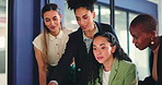 Meeting, team and business women on laptop for feedback, campaign project and digital marketing. Office, creative agency and people on computer for research, advertising and web insight for branding