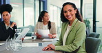 Pride, face and woman in boardroom with meeting, marketing consultant and about us in PR office. Portrait, team and branding specialist with confidence, campaign planner and career in communications.