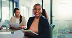 Face, woman and smile in meeting with tablet, digital marketing analytics and pride for performance. Happy, person and team in office with tech, advertising statistics and satisfied with KPI data.