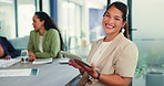 Face, woman and happy in meeting with tablet, digital marketing analytics and pride for performance. Person, smile and team in office with tech, advertising statistics and satisfied with KPI data.