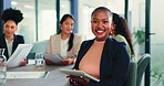 Face, woman and happy in business meeting with tablet, digital marketing analytics and performance. Person, smile and team in office with tech, advertising statistics and satisfied with KPI data.