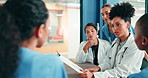Medical team, women and planning with document in meeting, treatment schedule or care coordination. People, doctor and nurses with healthcare paperwork, clinic clipboard or patient history discussion