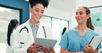Medical team, doctor and nurse talking with tablet, review records and case report evaluation. Happy women, healthcare and collaboration with tech, walking and documents for results in hospital