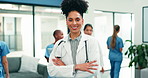 Doctor, face or happy woman with pride for medical profession, help or assistance in hospital. Portrait, female person or healthcare worker with confidence or arms crossed for health advice in clinic