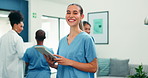 Happy, face and nurse with tablet in hospital, lobby and clinic for medical career, service and job. Healthcare, portrait and woman laugh with tech for health report, research and nursing schedule