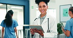 Doctor, face or happy woman with tablet in clinic for medical research, help or assistance. Portrait, female person or healthcare worker with technology or smile for schedule or report in hospital