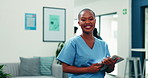 Nurse, face or happy woman with tablet in clinic for medical research, help or assistance. Portrait, female person or healthcare worker with technology or smile for schedule or report in hospital