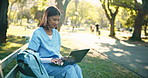 Woman, laptop and med student in park with connectivity, schedule or smile for submit assignment. Education, healthcare or trainee nurse with tech for research, typing or apply to internship on bench