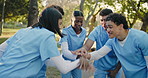 Nurse, solidarity and hand stack with friends, outdoor and applause with excited group for success. Park, celebration and embrace with happy people, discussion and clapping for medical achievement