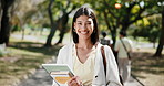 Face, woman and happy at college with textbook, pride and optimistic for future in higher education. Student, person and smile outdoor at university with learning resources, knowledge or scholarship.