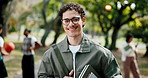 Face, man and smile at college with bag, positive attitude or aspiration for higher education degree. Happy, person or student outdoor at university with textbook, pride and learning for scholarship.
