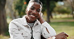 Face, woman and relax in park with smile, positive mindset or fresh air for wellness on calm weekend. Happy, black person and chill outdoor in nature with rest, contentment or think of good memories.