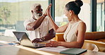 Senior, couple and laptop with high five for financial goal, retirement plan success and paperwork. Happy people, track online expenses or monitor annuity account with tax refund achievement at home 