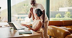 Senior, people and laptop with high five for financial goal, retirement plan success and paperwork. Happy couple, track online expenses or monitor annuity account with tax refund achievement at home 