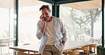 Contact, smile and man in lounge with phone call, connection and discussion in remote chat. Digital, talking and mature person in home with tech, happy moment and networking in online communication.