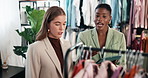 Fashion, customer and women in clothing store with tablet, retail recommendation and sales discount. Tech, client and people in boutique for shopping at rack for style choice, help or merchandising