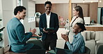 Team, applause and happy people with tablet in meeting, laugh and celebration for financial success. Business analyst, clapping and group with technology, collaboration and discussion with good news