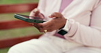 Bench, hands and senior woman with phone for connection, social media and online networking. Typing, outdoor and person on cellphone for website, contact and message on break, rest and relax in park