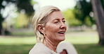Happy, breathe and senior woman on bench for thinking, inspiration and relax outdoor. Retirement, reflection and elderly person with thought, daydreaming and fresh air for wellness, calm and peace